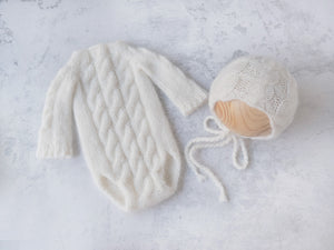 'FRANKIE' COLLECTION - newborn cable knit bonnet and romper set **MADE TO ORDER**