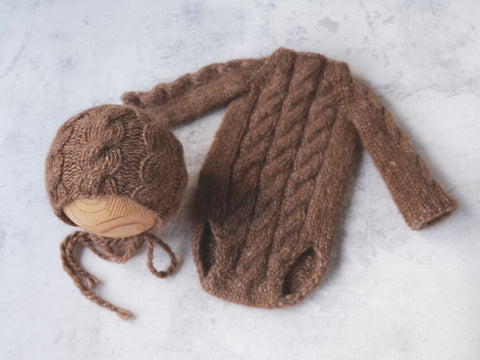RTS newborn cable knit bonnet and romper set - ACORN