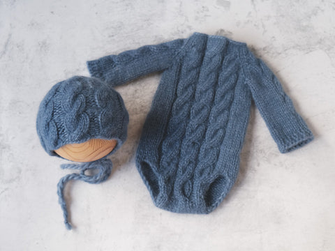RTS newborn cable knit bonnet and romper set - WORN DENIM