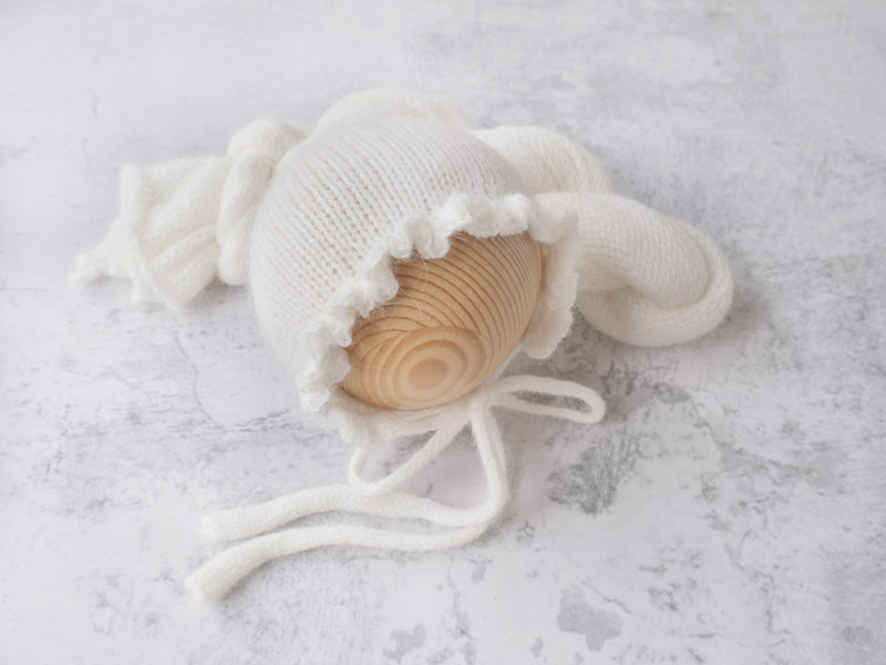 MADE TO ORDER ruffle brim bonnet and wrap set - SNOW
